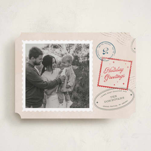 This is a cream holiday photo cards with standard by Pixel and Hank called christmas stamped printing on recycled smooth signature in standard