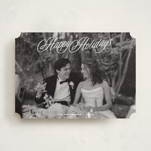 This is a snow holiday photo cards with standard by JoAnn Jinks called heirloom script printing on recycled smooth signature in standard