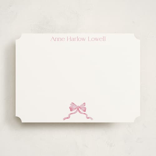 This is a blush personalized stationery thank you cards with standard by Pink House Press called bow printing on signature in 5x7