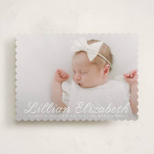 This is a cotton birth announcements with standard by Megan Davis called georgette printing on recycled smooth signature in standard