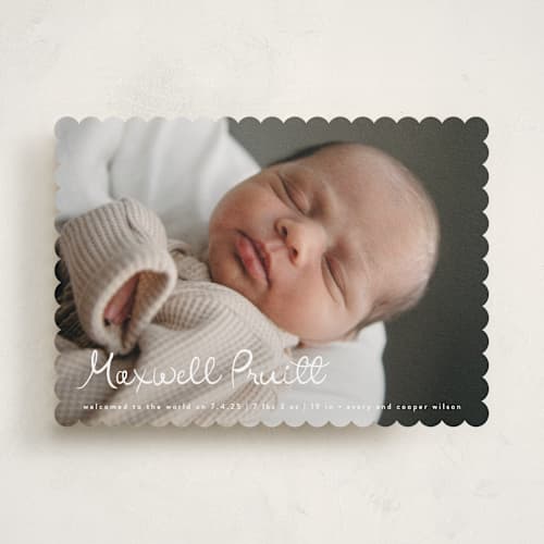 This is a snow birth announcements with standard by Lauren Chism called written whimsy printing on recycled smooth signature in standard