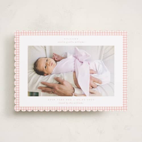 This is a blush birth announcements with standard by Claudia Orengo called preppy fabric printing on recycled smooth signature in standard