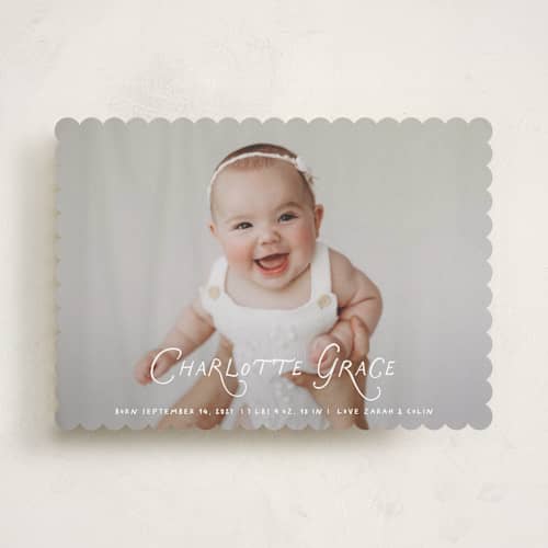 This is a marshmallow birth announcements with standard by Benita Crandall called handdrawn style printing on recycled smooth signature in standard
