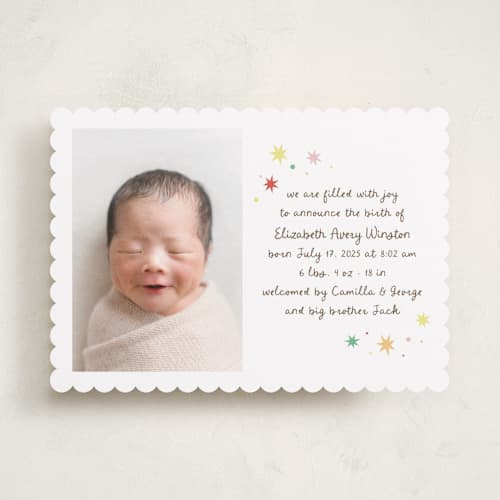 This is a strawberry birth announcements with standard by Megan Davis called constellation printing on recycled smooth signature in standard