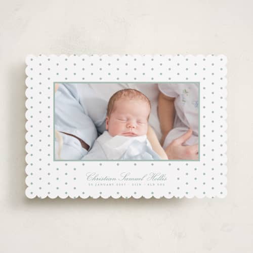 This is a eucalyptus birth announcements with standard by Blustery August called elio printing on recycled smooth signature in standard