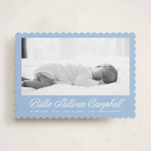 This is a chambray birth announcements with standard by Megan Davis called chambray printing on recycled smooth signature in standard