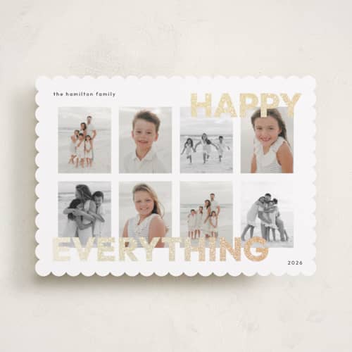 This is a snow foil pressed holiday cards with foil pressed by Blustery August called happy everything printing on recycled smooth signature in standard
