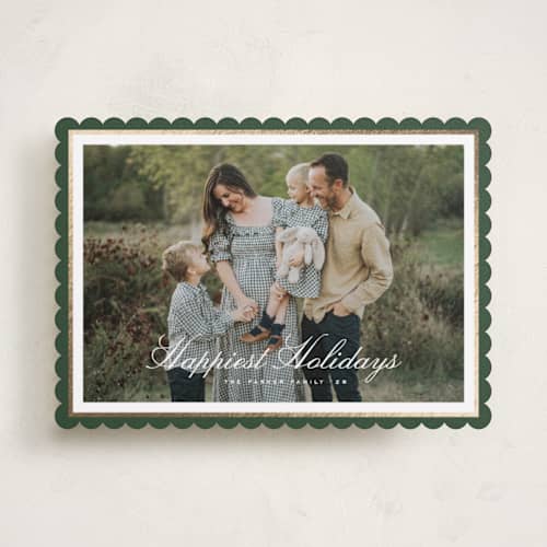 This is a forest foil pressed holiday cards with foil pressed by Kelly Schmidt called minimal border printing on recycled smooth signature in standard
