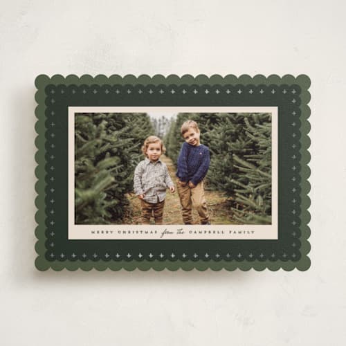 This is a pine tree foil pressed holiday cards with foil pressed by Julie Murray called scallop border printing on recycled smooth signature in standard