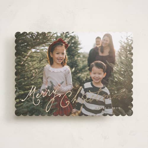 This is a snow foil pressed holiday cards with foil pressed by Leah Bisch called classic christmas printing on recycled smooth signature in standard