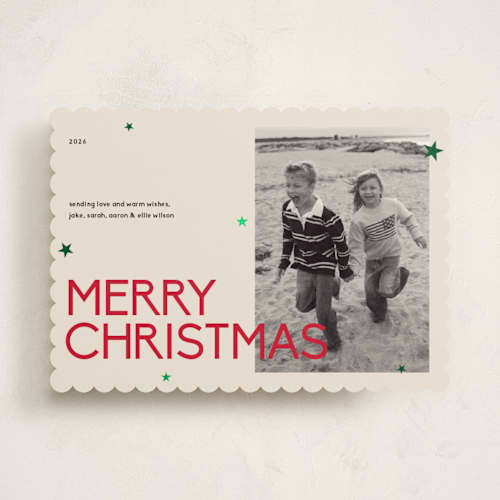 This is a peppermint foil pressed holiday cards with foil pressed by Owl and Toad called sparkles printing on recycled smooth signature in standard