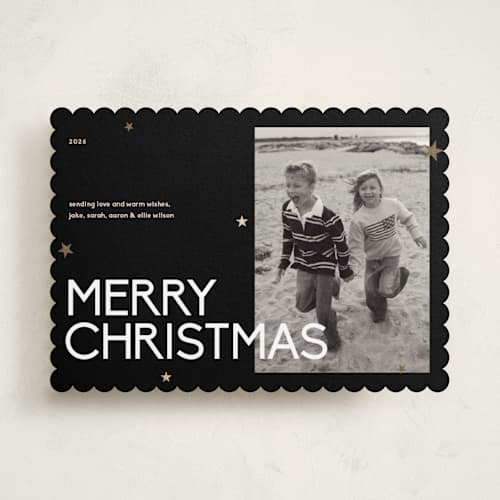 This is a coal foil pressed holiday cards with foil pressed by Owl and Toad called sparkles printing on recycled smooth signature in standard