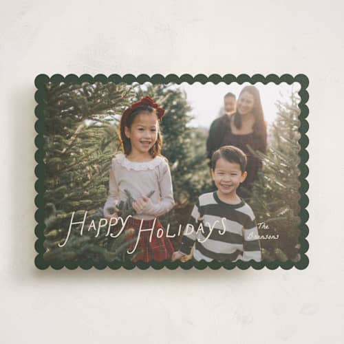 This is a pine holiday photo cards with standard by Pixel and Hank called waved printing on recycled smooth signature in standard