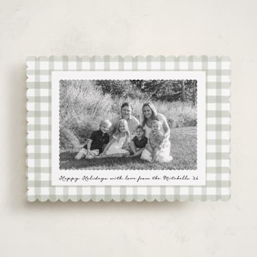This is a spearmint holiday photo cards with standard by Emily Betts called scallop matted photo printing on recycled smooth signature in standard