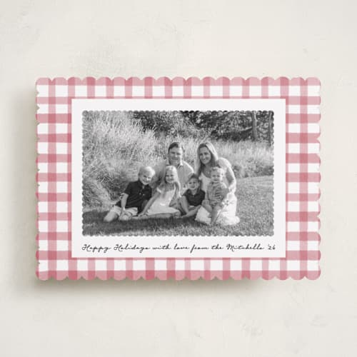 This is a peppermint holiday photo cards with standard by Emily Betts called scallop matted photo printing on recycled smooth signature in standard