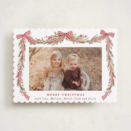 This is a stocking holiday photo cards with standard by Sarah Knight called gingham ribbon garland printing on recycled smooth signature in standard