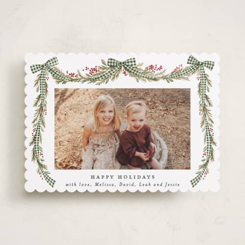 This is a pine holiday photo cards with standard by Sarah Knight called gingham ribbon garland printing on recycled smooth signature in standard