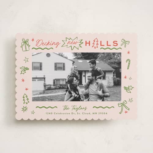 This is a pine holiday photo cards with standard by Alethea and Ruth called decking new halls drawing printing on recycled smooth signature in standard