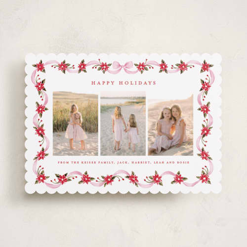 This is a gumdrop holiday photo cards with standard by Sarah Knight called poinsettia ribbon printing on recycled smooth signature in standard