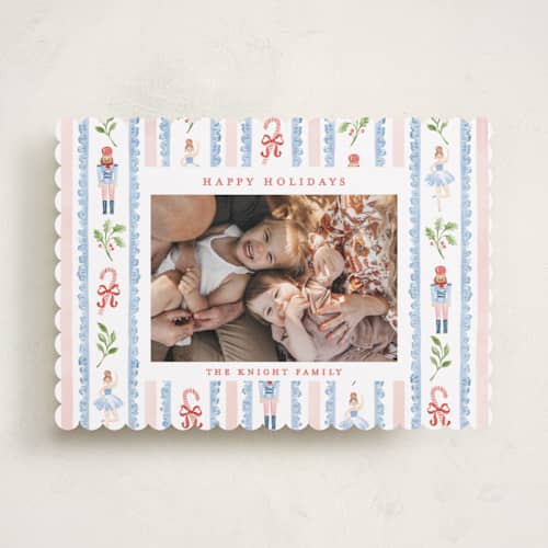 This is a blue spruce holiday photo cards with standard by Sarah Knight called nutcracker pattern printing on recycled smooth signature in standard