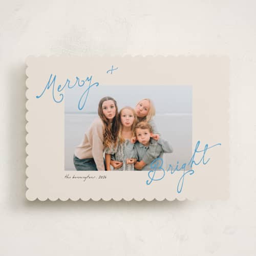 This is a electric blue holiday photo cards with standard by Morgan Kendall called topsy turvy printing on recycled smooth signature in standard