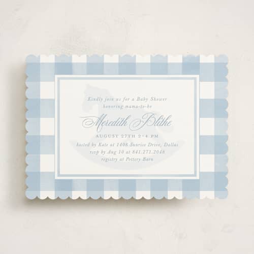 This is a sky baby shower invitations with standard by Melinda Denison called classic gingham printing on signature in standard