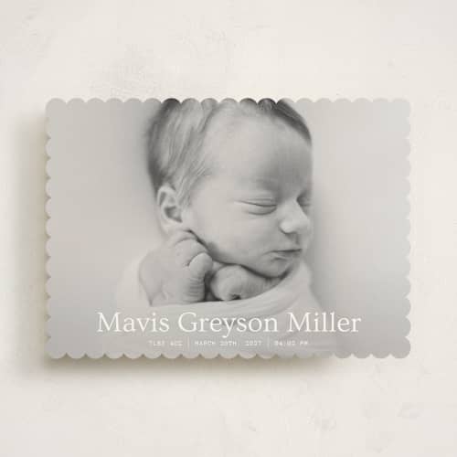 This is a snow birth announcements with standard by Bramble Studio called simple in serif printing on signature in standard