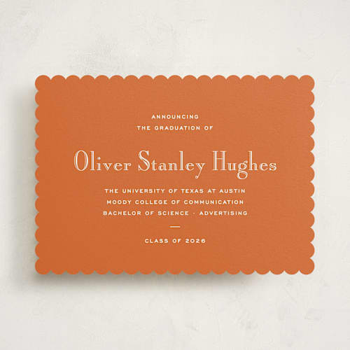 This is a burnt orange graduation announcements with standard by Megan Davis called campus printing on signature in standard