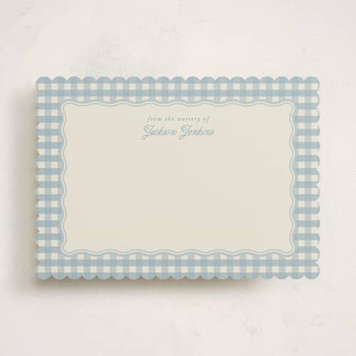 This is a pond personalized stationery thank you cards with standard by Brianne Larsen called scalloped gingham printing on signature in 5x7