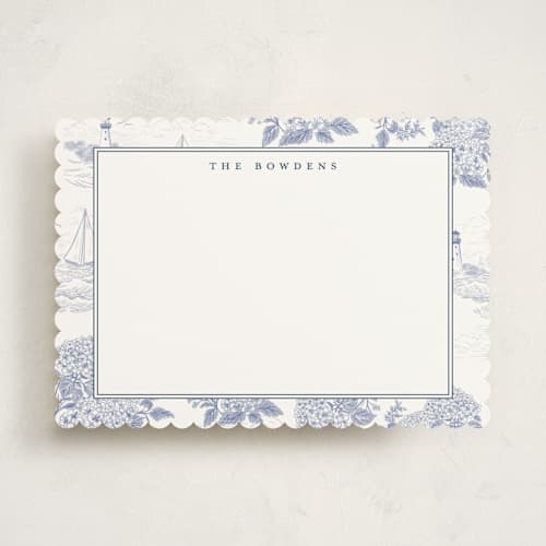 This is a periwinkle personalized stationery thank you cards with standard by Jenna Holcomb called coastal toile printing on signature in 5x7