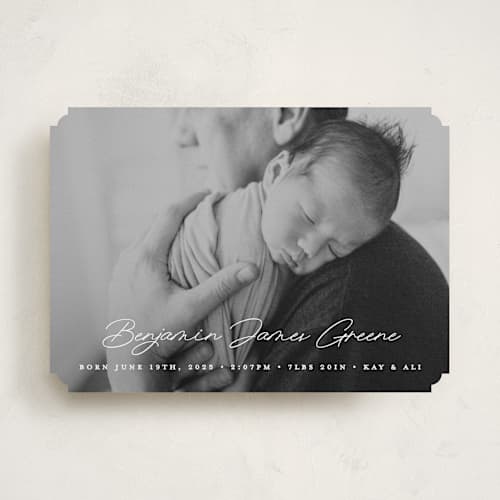 This is a snow birth announcements with standard by Bethan called handwriting printing on recycled smooth signature in standard