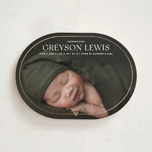 This is a cloud foil stamped birth announcements with foil pressed by Ashley Cuccio called disney's mickey mouse simple border printing on recycled smooth signature in standard