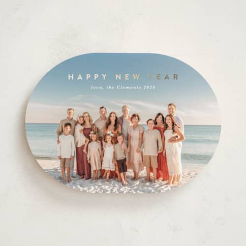 This is a snow foil pressed holiday cards with foil pressed by Lucrecia Caporale called minimal style printing on recycled smooth signature in standard