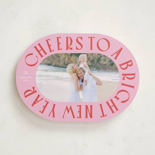 This is a peppermint new year photo cards with standard by Erin German called cheers to a bright new year printing on recycled smooth signature in standard