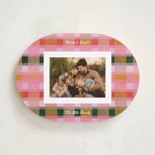 This is a fruitcake holiday photo cards with standard by Carrie Moradi called festive checked plaid printing on recycled smooth signature in standard
