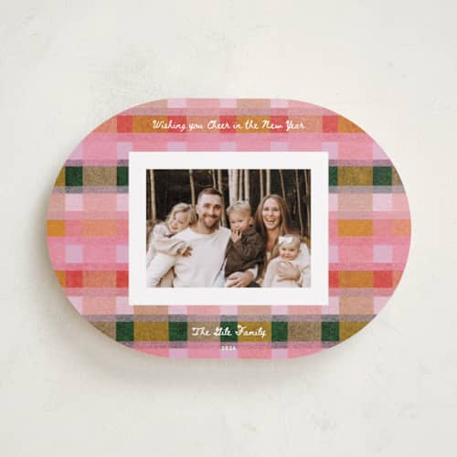 This is a fruitcake holiday photo cards with standard by Carrie Moradi called festive checked plaid printing on recycled smooth signature in standard
