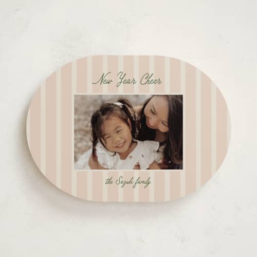 This is a salmon holiday photo cards with standard by Ellen Schlegelmilch called script & stripes printing on recycled smooth signature in standard