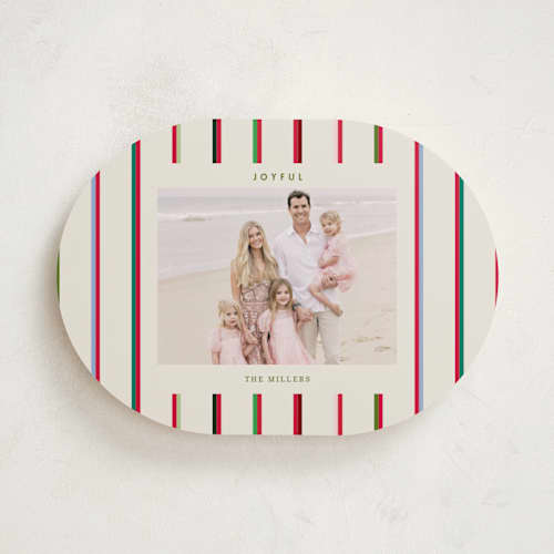 This is a champagne holiday photo cards with standard by Baumbirdy called colorful stripes printing on recycled smooth signature in standard