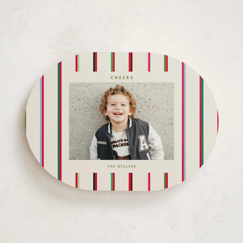 This is a champagne holiday photo cards with standard by Baumbirdy called colorful stripes printing on recycled smooth signature in standard