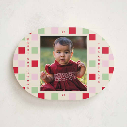 This is a cranberry holiday photo cards with standard by Katie Zimpel called happy checkers printing on recycled smooth signature in standard