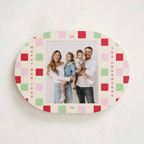 This is a cranberry holiday photo cards with standard by Katie Zimpel called happy checkers printing on recycled smooth signature in standard