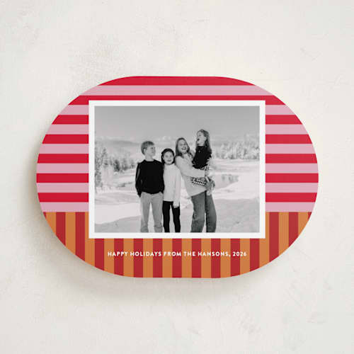 This is a nutmeg holiday photo cards with standard by Shari Margolin called festive stripes printing on recycled smooth signature in standard