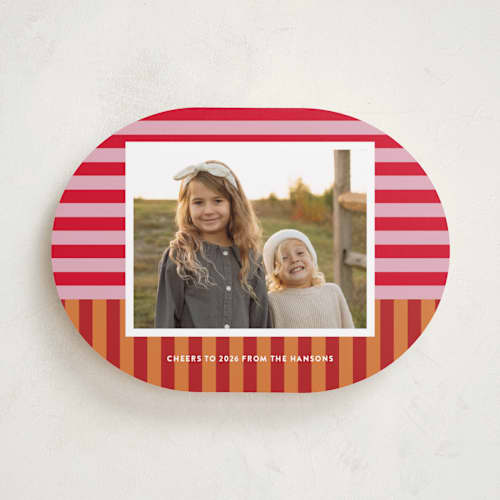 This is a nutmeg holiday photo cards with standard by Shari Margolin called festive stripes printing on recycled smooth signature in standard