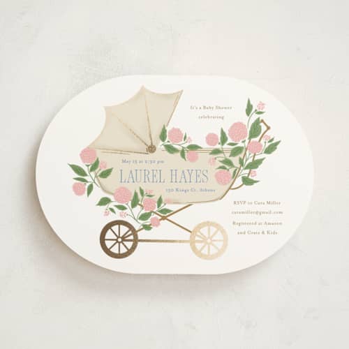 This is a mulberry foil stamped baby shower invitations with foil pressed by Cindy Reynolds called hydrangea pram printing on signature in standard