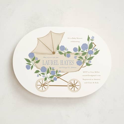 This is a sky baby shower invitations with standard by Cindy Reynolds called hydrangea pram printing on signature in standard