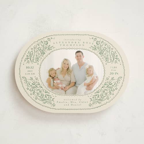 This is a sage birth announcements with standard by Anastasia Makarova called bunnies and flowers printing on signature in standard