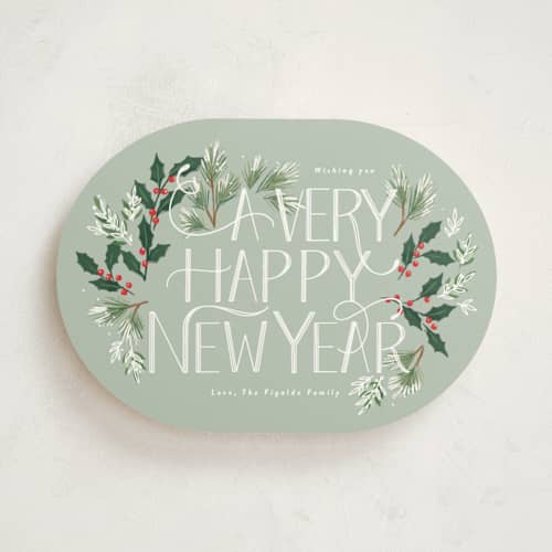 This is a mint non photo holiday cards with standard by Rebecca Durflinger called a very merry christmas botanicals printing on signature in standard