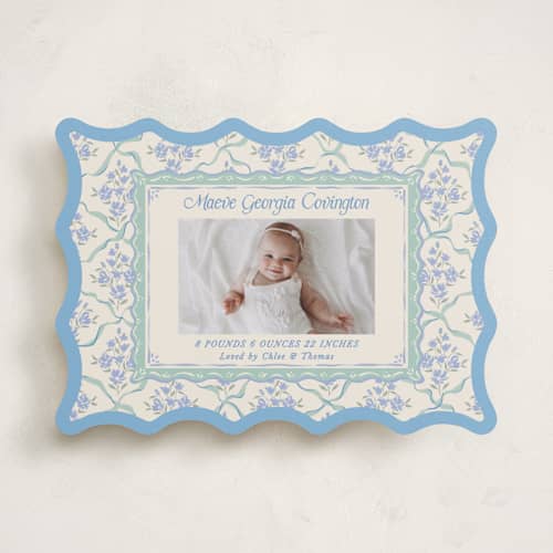 This is a periwinkle birth announcements with standard by Jackie Crawford called highgrove printing on recycled smooth signature in standard