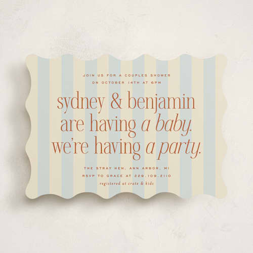 This is a powder blue baby shower invitations with standard by Ellen Schlegelmilch called we're having a party printing on signature in standard