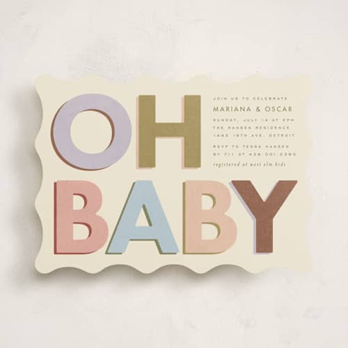 This is a muted baby shower invitations with standard by Ellen Schlegelmilch called block letters printing on signature in standard